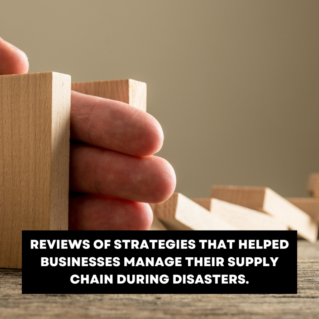 Reviews of strategies that helped businesses manage their supply chain during disasters.
Natural disasters can strike without warning, causing major disruptions to businesses and their supply chains. In recent years, we've seen a rise in the frequency and severity of events like hurricanes, floods, wildfires, and earthquakes. These disasters can lead to a wide range of supply chain challenges, such as:

- Physical damage to facilities 
- Workforce shortages
- IT system disruptions
- Supplier shutdowns
- Transportation delays
- Product shortages

For example, in 2011 the Thailand floods impacted around 25% of global hard drive production, forcing major manufacturers like Western Digital and Seagate to cut output and allocate supply. The COVID-19 pandemic also exposed vulnerabilities, with lockdowns and factory closures disrupting the flow of goods worldwide.

So how can companies protect their supply chains from these threats? Here are some key strategies that have helped businesses weather the storm:

 1. Increase Visibility and Transparency

Lack of end-to-end supply chain visibility is a major obstacle to effective disaster response. Companies need to map out their entire supplier network, including lower tiers, to uncover hidden vulnerabilities. Automated systems can help identify at-risk shipments and facilities based on weather forecasts.

For instance, a candy maker may need to switch to refrigerated transport when extreme heat is predicted, while a manufacturer can reroute shipments to avoid a dangerous storm. Transparency also allows companies to quickly assess the impact of an event and execute contingency plans.

 2. Build in Flexibility and Redundancy

Relying on a single supplier or facility in a high-risk area is a recipe for disaster. Companies should diversify their supplier base and manufacturing footprint to create backup options. This could mean having a second plant in a different region that can take over production if one site goes offline.

It's also important to maintain safety stock and excess capacity to absorb shocks. Contracts with multiple carriers and warehouses provide flexibility in transportation and storage. Regularly testing contingency plans helps ensure they work when needed.

 3. Collaborate with Supply Chain Partners

Weathering a major disruption requires coordination across the entire supply chain. Companies should work closely with suppliers, customers, and logistics providers to share information, align plans, and provide mutual support. Joint business continuity planning helps ensure everyone is prepared.

For example, a manufacturer may need to work with suppliers to expedite critical parts, while a retailer collaborates with transportation providers to prioritize deliveries to high-demand stores. Ecosystem partnerships can also provide access to shared resources and expertise.

 4. Leverage Technology and Analytics

Advanced technologies like AI, IoT, and cloud computing are powerful tools for building supply chain resilience. Predictive analytics can help forecast demand spikes and identify potential bottlenecks. Prescriptive analytics provide recommended actions to mitigate risks.

For example, an automotive company used risk modeling to quantify flood exposure across its supply base, revealing that over 90% of revenue at risk was driven by just seven critical suppliers. This data-driven insight was crucial for informing mitigation strategies.

 5. Adopt a Proactive Mindset

Waiting for a disaster to strike is a recipe for chaos. Companies need to take a proactive approach to supply chain risk management. This means continuously monitoring for emerging threats, stress-testing plans, and making resilience a strategic priority.

Scenario planning helps teams envision potential disruption events and rehearse responses. Investing in risk mitigation upfront, such as hardening facilities against natural disasters, can pay off many times over when an event occurs. A proactive mindset also means being willing to make tough decisions, like shifting production or walking away from high-risk suppliers.
