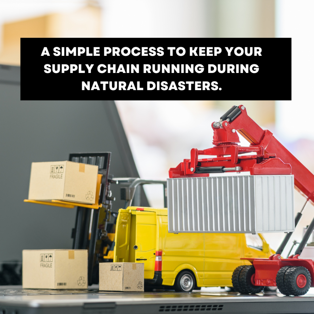 A simple process to keep your supply chain running during natural disasters.
Natural disasters like hurricanes, earthquakes, floods, and wildfires can strike without warning, causing chaos and disruption. For businesses, especially those reliant on a smooth supply chain, these events can be catastrophic. However, with the right strategies in place, you can minimize the impact of such disruptions. In this blog, we’ll explore a simple process to keep your supply chain running during natural disasters, using relatable examples to illustrate each step.

 Understanding the Fear of Disruption

Before diving into solutions, it’s essential to acknowledge the fear that comes with potential disruptions. Imagine a small bakery that relies on timely deliveries of flour and sugar. If a hurricane hits, the roads may become impassable, and deliveries could be delayed. The bakery risks running out of supplies, which could lead to lost sales and unhappy customers. This fear is not unfounded; many businesses face similar challenges during natural disasters.

 Step 1: Risk Assessment

The first step in preparing your supply chain for natural disasters is to conduct a thorough risk assessment. This involves identifying potential risks specific to your location and industry.

 Example: A Local Grocery Store

Consider a grocery store located in a flood-prone area. The owner should assess the likelihood of flooding and its potential impact on deliveries. This assessment might include:

- Identifying Vulnerable Suppliers: Are your suppliers located in areas prone to flooding or wildfires?
- Evaluating Transportation Routes: What are the primary routes for deliveries, and how might they be affected by natural disasters?

By understanding these risks, you can make informed decisions about how to prepare.

 Step 2: Create a Contingency Plan

Once you’ve assessed the risks, it’s time to create a contingency plan. This plan should outline specific actions to take before, during, and after a natural disaster.

 Example: The Bakery’s Contingency Plan

Continuing with our bakery example, the owner might develop a plan that includes:

- Alternative Suppliers: Identify other suppliers who can provide flour and sugar if the primary supplier is affected.
- Stockpiling Essentials: Keep a small reserve of essential ingredients to ensure operations can continue for a few days after a disaster.
- Communication Protocols: Establish clear communication channels with suppliers and customers to keep everyone informed during a disruption.

Having a well-thought-out contingency plan can significantly reduce anxiety and help ensure business continuity.

 Step 3: Build Strong Relationships

Strong relationships with suppliers, customers, and logistics partners can be invaluable during a crisis. When disaster strikes, having a network of reliable contacts can make all the difference.

 Example: The Grocery Store’s Network

The grocery store owner might take steps to strengthen relationships with:

- Local Farmers: By sourcing produce from local farmers, the store can reduce reliance on distant suppliers who may be affected by disasters.
- Delivery Services: Establishing partnerships with multiple delivery services ensures that if one service is unavailable, another can step in.

These relationships can provide support and flexibility when you need it most.

 Step 4: Invest in Technology

In today’s digital age, technology can play a crucial role in maintaining supply chain operations during natural disasters. Investing in the right tools can enhance visibility and communication.

 Example: The Bakery’s Tech Tools

The bakery owner might implement:

- Inventory Management Software: This software can help track stock levels in real-time, making it easier to identify when to reorder supplies.
- Communication Platforms: Using tools like Slack or WhatsApp can facilitate quick communication with suppliers and customers during a crisis.

By leveraging technology, businesses can respond more swiftly to disruptions and keep operations running smoothly.

 Step 5: Regular Training and Drills

Preparation is not a one-time effort; it requires ongoing training and practice. Regular drills can help your team understand their roles during a disaster and ensure everyone is on the same page.

 Example: The Grocery Store’s Disaster Drill

The grocery store owner could organize a disaster drill where employees practice the contingency plan. This might include:

- Simulating a Supply Chain Disruption: Employees can role-play scenarios where deliveries are delayed, and they must communicate with suppliers and customers.
- Reviewing Safety Protocols: Ensuring that all employees know safety procedures in case of an emergency.

These drills can help build confidence and ensure that everyone knows how to react when a real disaster occurs.

 Step 6: Review and Adapt

After any significant event, it’s essential to review your response and adapt your plans accordingly. What worked well? What could be improved? This reflection will help you build a more resilient supply chain.

 Example: Post-Disaster Review

After a hurricane passes, the bakery owner should gather the team to discuss the response. They might ask questions like:

- Did our contingency plan work?
- Were our suppliers able to deliver on time?
- What challenges did we face, and how can we address them in the future?

By learning from each experience, businesses can continuously improve their disaster preparedness.
